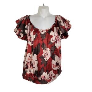 The Limited Womens Blouse Small Floral Short Ruffle Sleeve Pleated Neck Scoop
